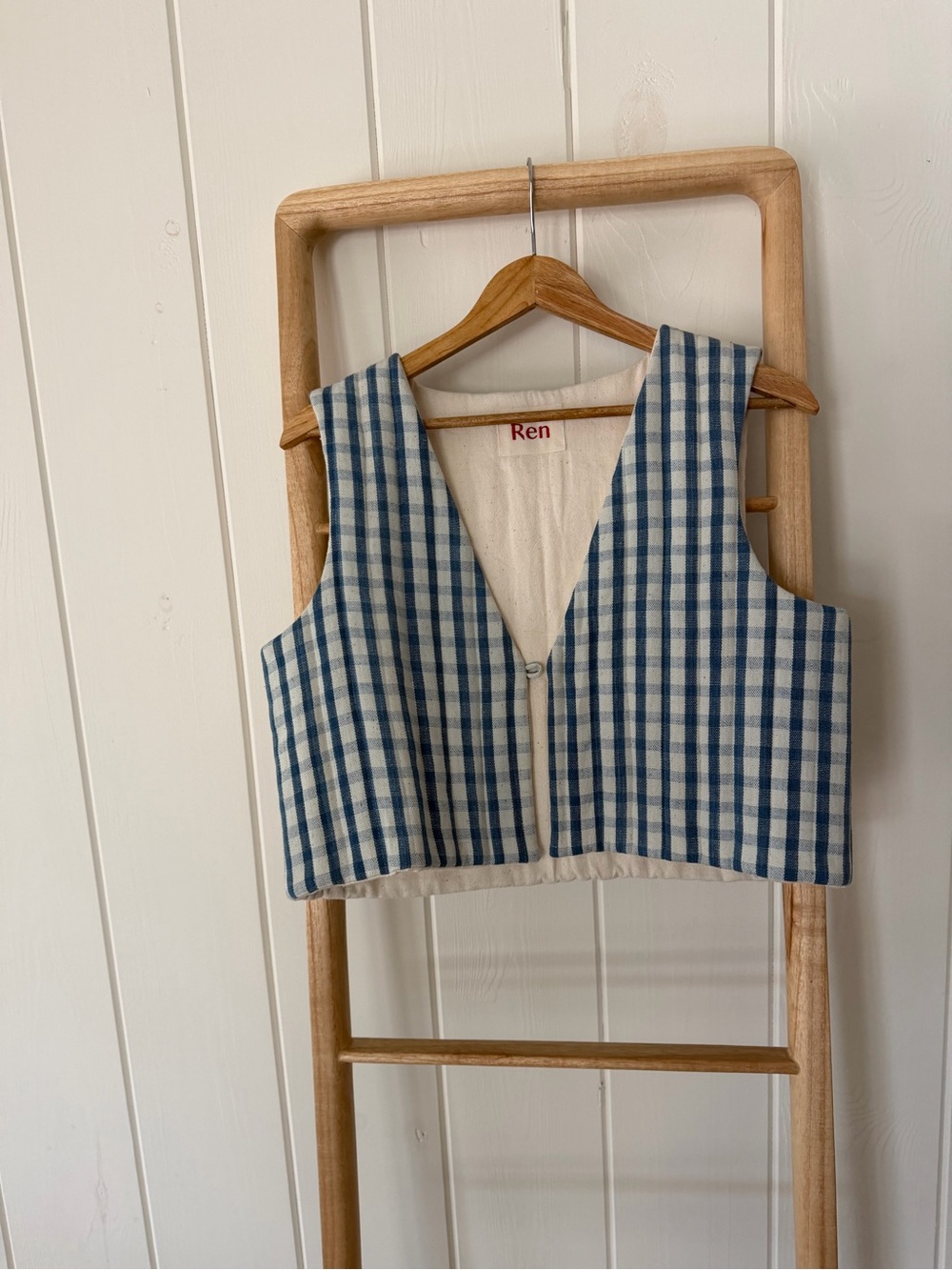 Studio Ren One of a Kind Handwoven Cotton Blue and Cream Gingham Cropped Vest